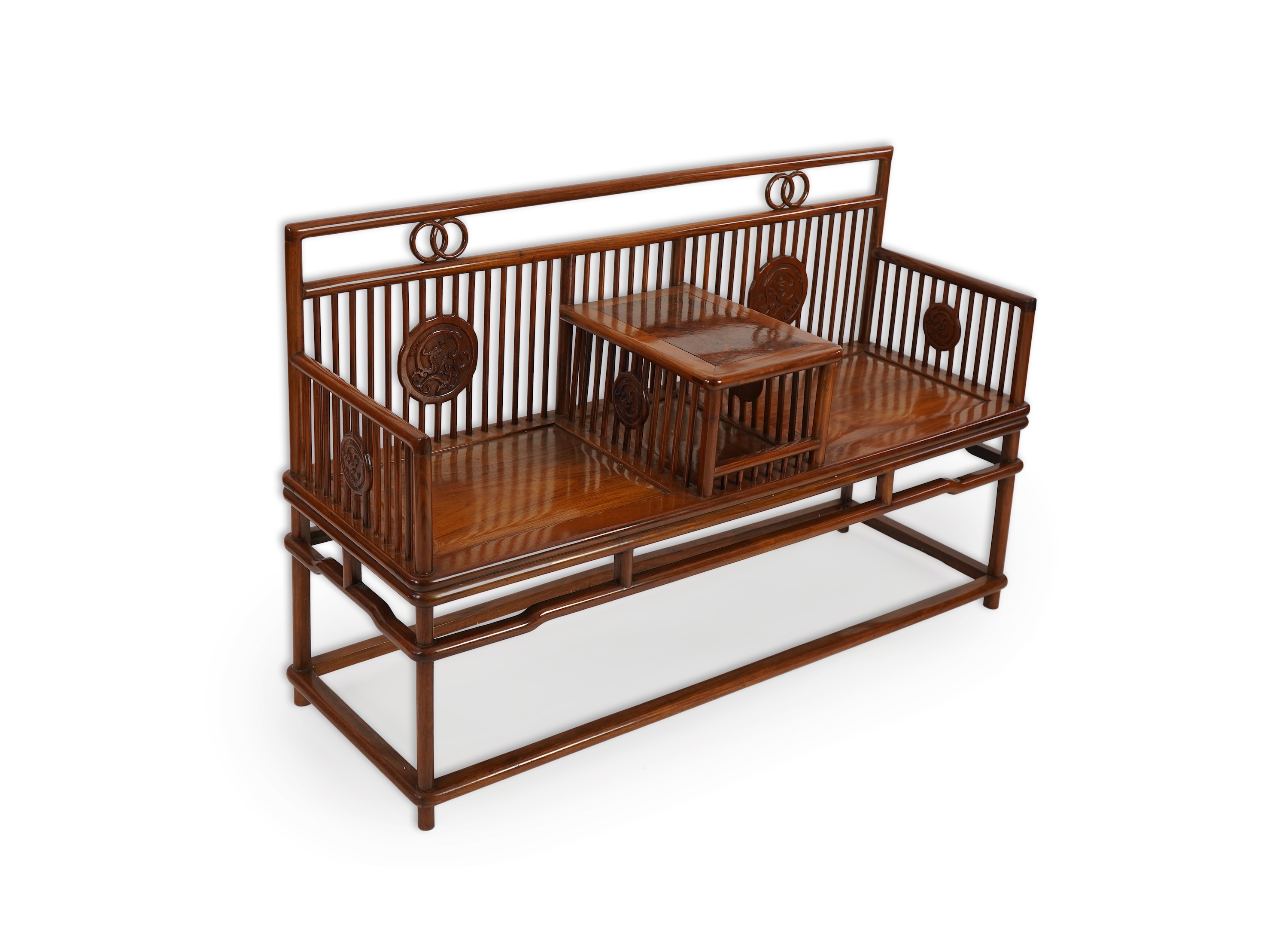 A Chinese hardwood and burrwood inset spindle-back bench, early 20th century
